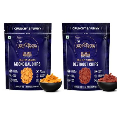 Evolve Moong Dal and Beetroot Chips | Protein-Packed Crunch Snack, Light & Wholesome Munch, Healthy Ingredients, Nutrient-Rich, Guilt-Free Snack | 200g (100g Each, Pack of 2)