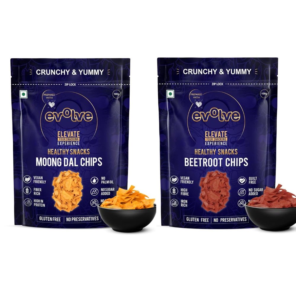 Evolve Moong Dal and Beetroot Chips | Protein-Packed Crunch Snack, Light & Wholesome Munch, Healthy Ingredients, Nutrient-Rich, Guilt-Free Snack | 200g (100g Each, Pack of 2)