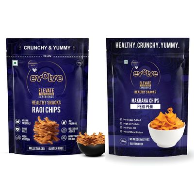 Evolve Ragi and Makhana Peri Peri | High-Protein Crunch Snack, Light & Zesty Treats, Wholesome No Palm Oil, Healthy & Nutritious Snacks for Adults | 200g (100g Each, Pack of 2)