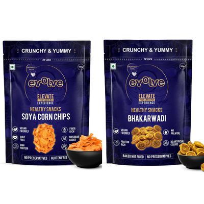 Evolve Soya Corn Chips and Bhakarwadi | Protein & Fibre-Rich Snack, Light & Savory Crunch, Healthy & Tasty Treats, Light & Wholesome Munchies, No Palm Oil | 200g (100g Each, Pack of 2)
