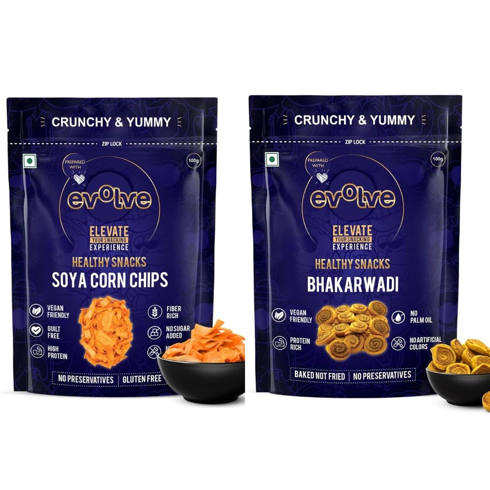 Evolve Soya Corn Chips and Bhakarwadi | Protein & Fibre-Rich Snack, Light & Savory Crunch, Healthy & Tasty Treats, Light & Wholesome Munchies, No Palm Oil | 200g (100g Each, Pack of 2)