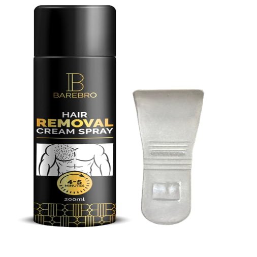 BareBro Hair Removal Cream Spray for Men with Spatula | Painless Body Hair Removal for Chest, Back, Arms, Legs & Underarms | Fast-Acting, Pleasant Smell | No Razor, No Burn | 200ml | Pack of 1