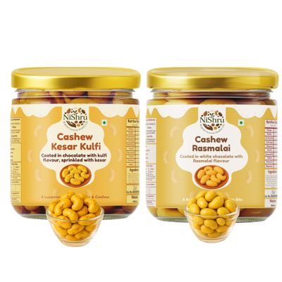 Cashew Chocolate Combo (2x150g= 300g) Kesar Kulfi & Rasmalai Flavour Chocolate Coated Kaju | Premium Dry Fruit Chocolates Gift Pack | NiShru