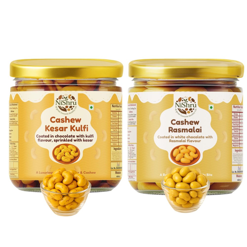 Cashew Chocolate Combo (2x150g= 300g) Kesar Kulfi & Rasmalai Flavour Chocolate Coated Kaju | Premium Dry Fruit Chocolates Gift Pack | NiShru