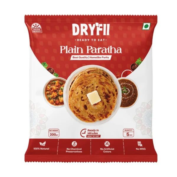 Dryfii Ready-to-Eat Plain Paratha| 5 Pieces in 1 Pack |Ready-to-Eat Fresh Plain Paratha | Quick Cooking | Perfect for Travel & Home | Indian Wheat Bread|Pure Vegetarian Indian Food | Pack of 2