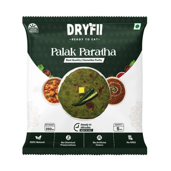 Dryfii Ready-to-Eat Palak Paratha| 5 Pieces in 1 Pack |Ready-to-Eat Fresh Palak Paratha | Quick Cooking | Perfect for Travel & Home | Indian Wheat Bread|Pure Vegetarian Indian Food | Pack of 2