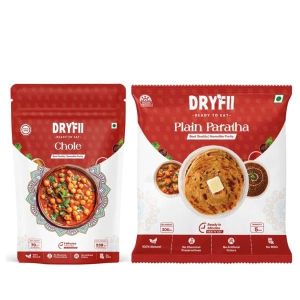 Dryfii Ready-to-Eat Combo|Chole with Plain Paratha| 5 Plain Paratha in 1 Pack | Authentic North Indian Meal | 100% Natural | No Preservatives | Easy 5-Minute Preparation | Homestyle Taste| Pack of 2