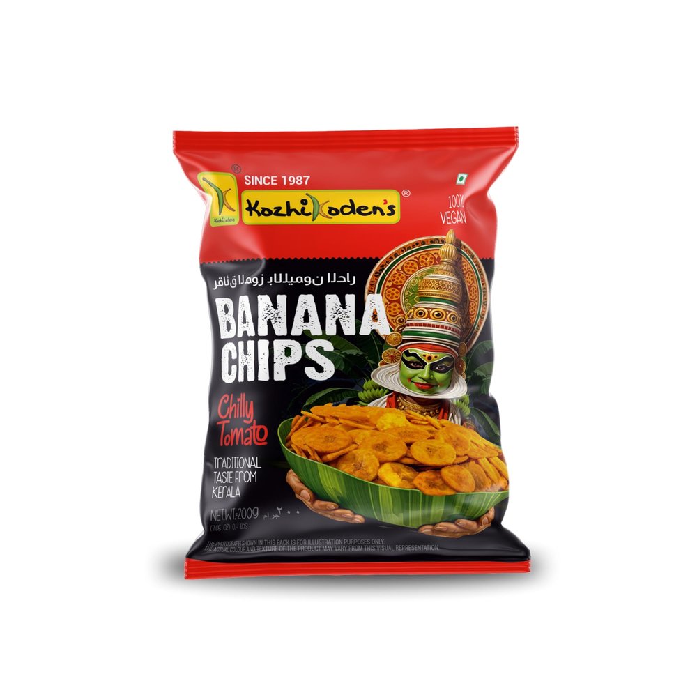 KOZHIKODEN'S Chilli Tomato Banana Chips | 200g | Bold & Crispy Snack with Spicy Chili & Savory Tomato Flavor | Perfect for Sharing | Vegan & Gluten-Free Snack