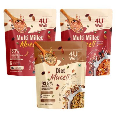 4UWell Multi Millet Muesli Combo | Buy 2 Multi Millet Muesli, Get 1 Diet Muesli Free | 83% Millets, Grains, Nuts & Seeds | No Refined Sugar | Healthy Breakfast Cereal