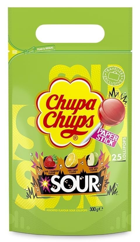 Chupa Chup Sour Lollipops, Paper Stick, Mixed Fruit Flavors, 25x12, 300 Grams
