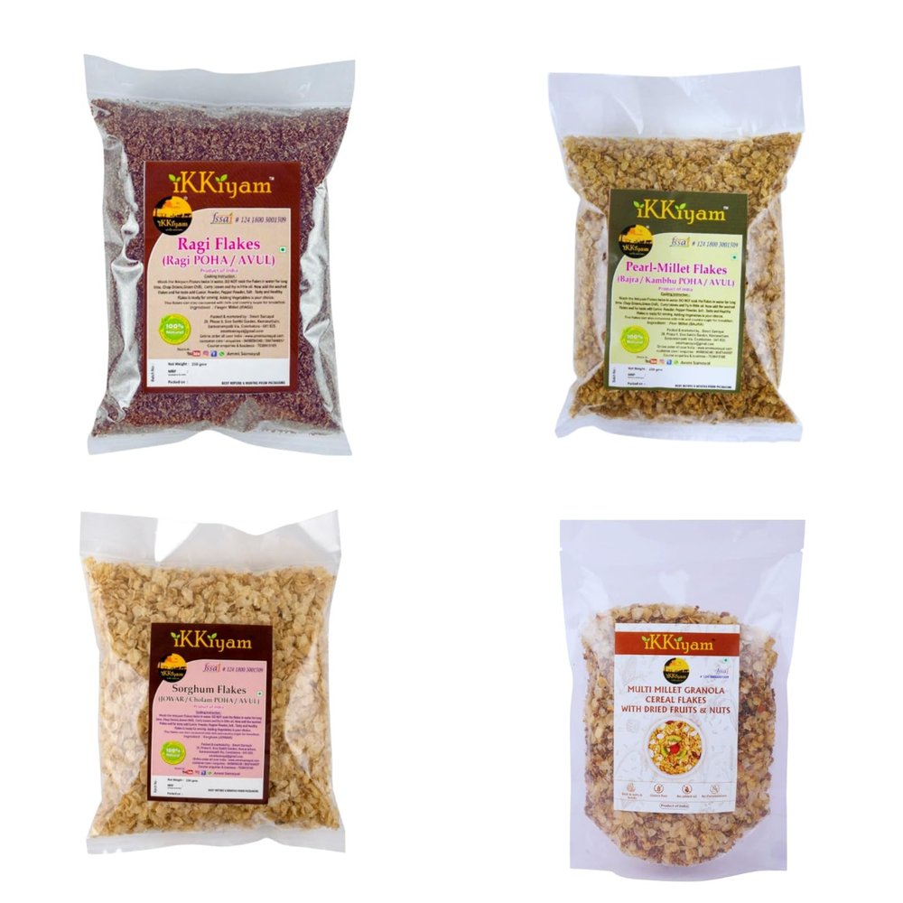 ikkiyam Combo of Bajra, Jowar, Ragi flakes & Multi millet Granola cereal flakes with Dried fruits, nuts & Palm sugar (Pack of 4, 250g Each) | Gluten-Free, Best Breakfast for healthy day start | No preservatives 100% Natural grains for Kids & Adults