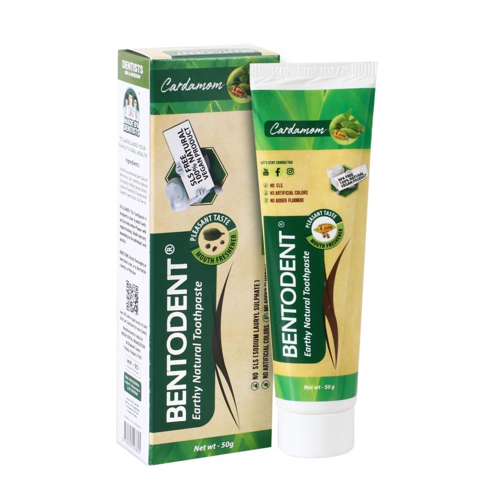 BENTODENT TOOTHPASTE SLS Free, 100% Natural, Fluoride free, Teeth Whitening, Cardamom Enamel Protection Toothpaste for Adult & Kids, 50 GRAM