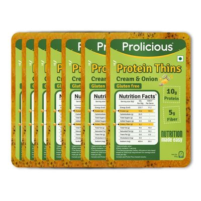 Prolicious Cream N Onion High Protein Thins | No Palm Oil | Crispy & Nutritious Snack Chips (50g, Pack of 7)