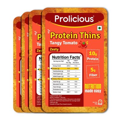 Prolicious Tangy Tomato High Protein Thins | No Palm Oil | Crispy & Nutritious Snack Chips (50g, Pack of 4)