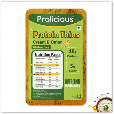 "Prolicious Cream N Onion High Protein Thins | No Palm Oil | Crispy & Nutritious Snack Chips (50g, Pack of 1)"