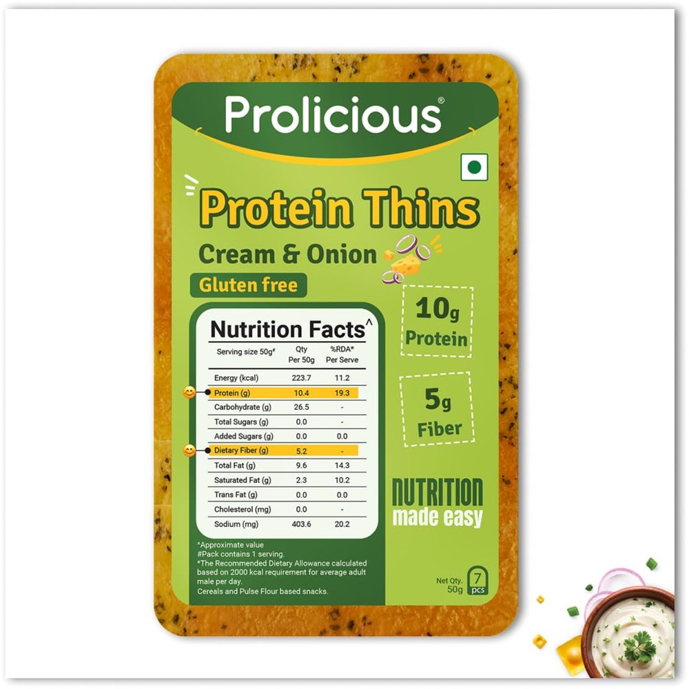 "Prolicious Cream N Onion High Protein Thins | No Palm Oil | Crispy & Nutritious Snack Chips (50g, Pack of 1)"