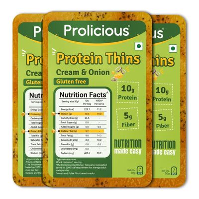 Prolicious Cream N Onion High Protein Thins | No Palm Oil | Crispy & Nutritious Snack Chips (50g, Pack of 3)