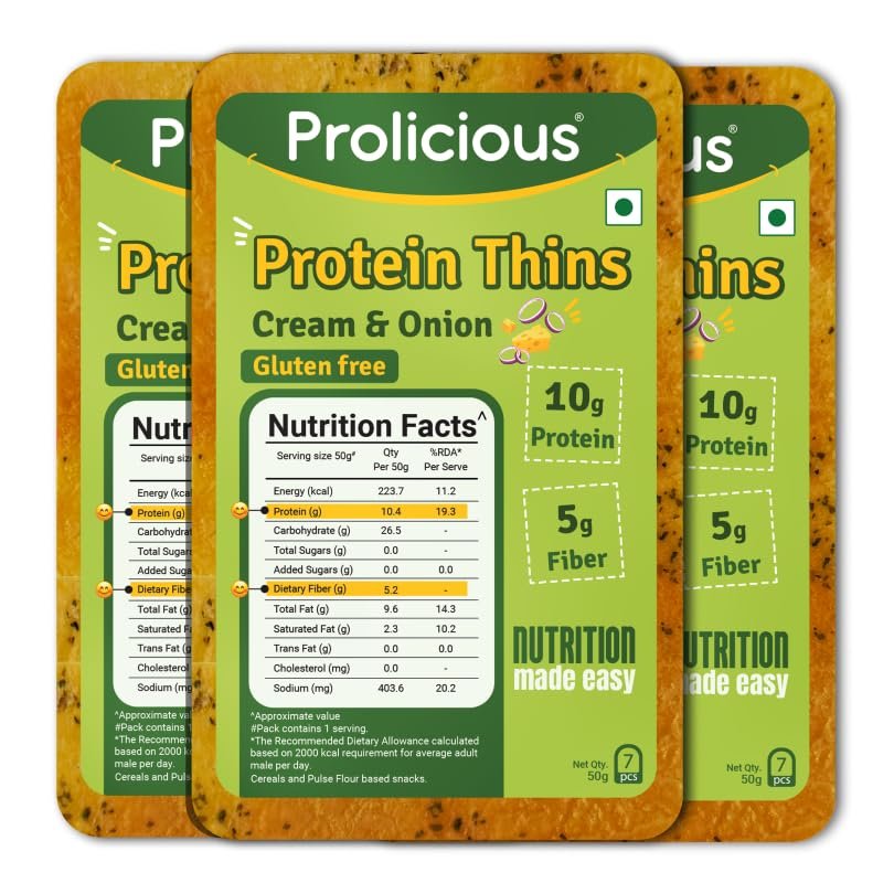 Prolicious Cream N Onion High Protein Thins | No Palm Oil | Crispy & Nutritious Snack Chips (50g, Pack of 3)