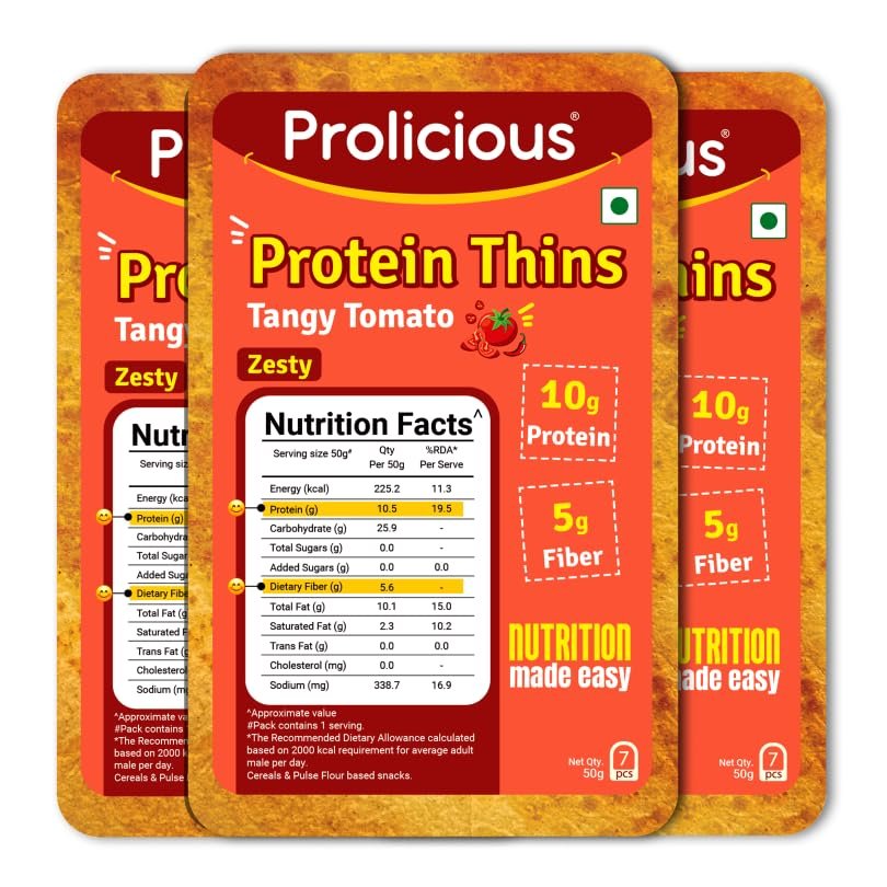 Prolicious Tangy Tomato High Protein Thins | No Palm Oil | Crisp & Delicious | Easy to Carry (Pack of 3)