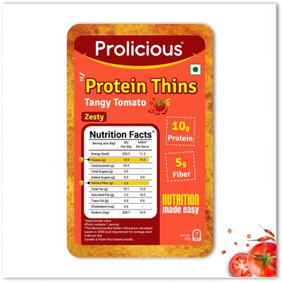 Prolicious Tangy Tomato High Protein Thins | No Palm Oil | Crispy & Nutritious Snack Chips (50g, Pack of 1)