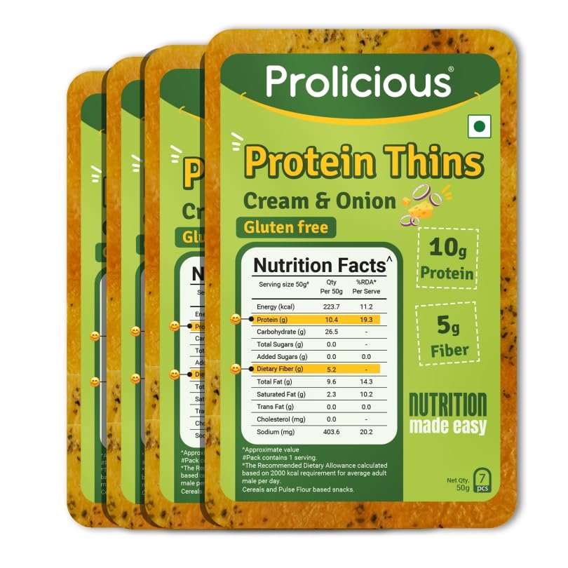 Prolicious Cream N Onion High Protein Thins | No Palm Oil | Crispy & Nutritious Snack Chips (50g, Pack of 4)