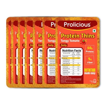 Prolicious Tangy Tomato High Protein Thins | No Palm Oil | Crispy | Delicious (Pack of 7)