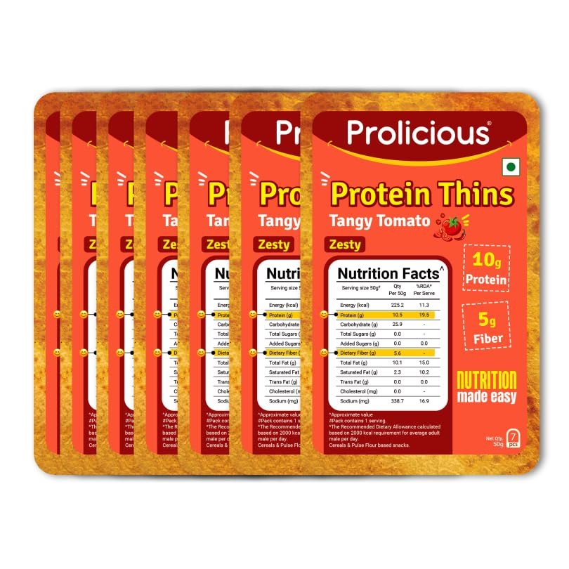 Prolicious Tangy Tomato High Protein Thins | No Palm Oil | Crispy | Delicious (Pack of 7)