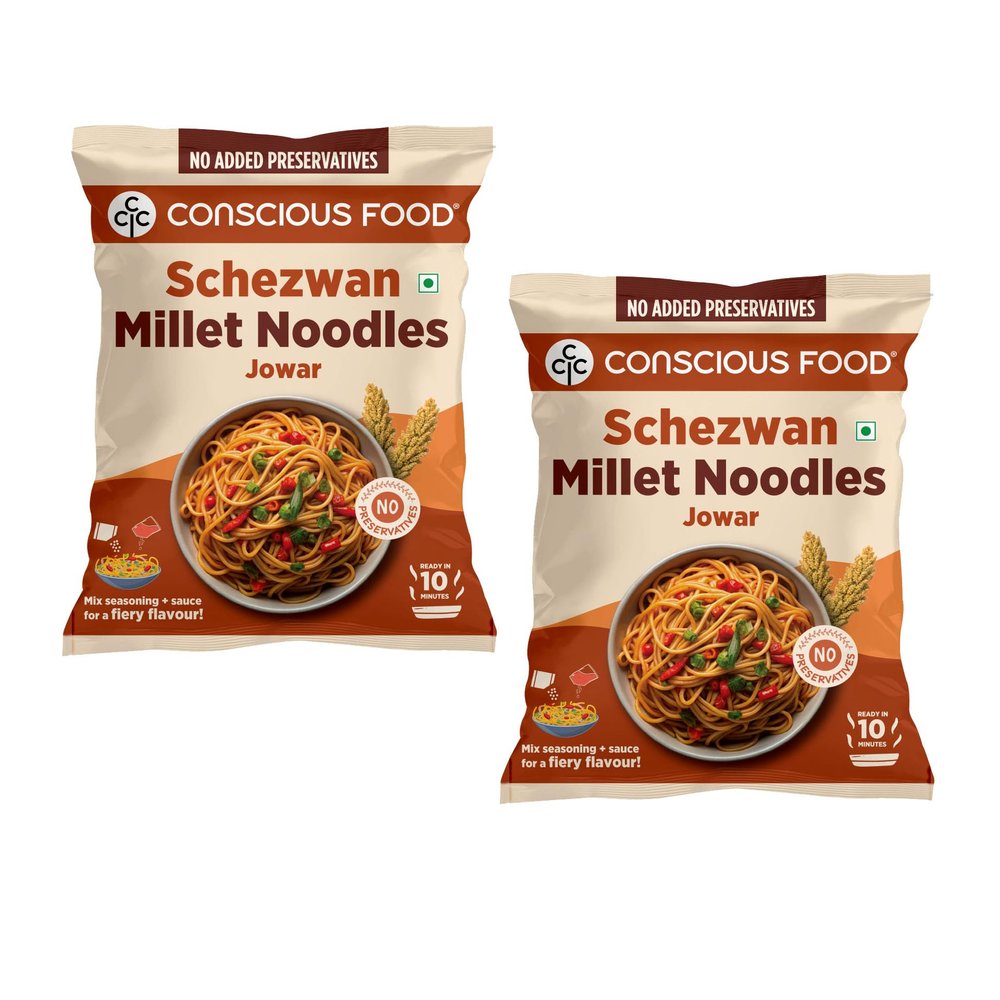 Conscious Food Schezwan Millet Noodles | 207g | Pack of 2 | No Maida | Millet-Based | Clean Label Schezwan Sauce | Ready in 10 Minutes | MSG-Free & Preservative-Free