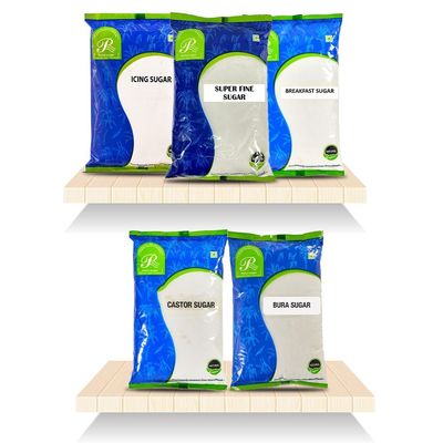 Rahul Sugar Variety Pack of Five - Icing, SuperFine Sugar, Breakfast, Castor & Bura Sugar Each 1kg Combo Pack-5Kg