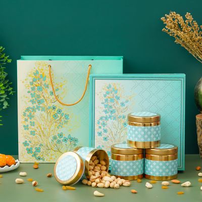 Agrisafe Diwali Gift Hamper | Diwali Dry fruit Box | Eegant Floral Motif Design With Matching Tin Jars | Festive Gifting | Corporate Gifts for Employees & Clients | Almonds, Cashews, Raisins & Pistachio (600gm Total)
