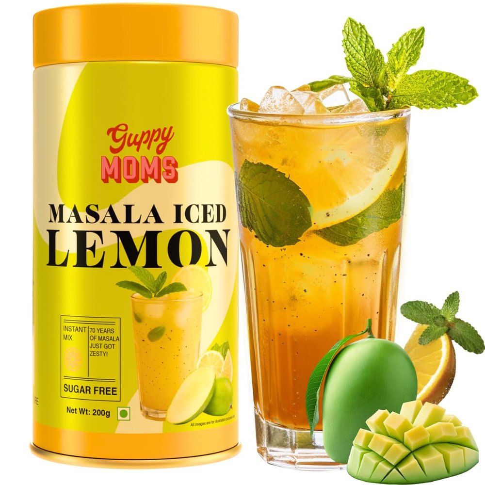 Guppy Moms Masala Iced Lemonade Premix | Sugar-Free Refreshing Drink Mix | Tangy Lemon with Indian Spices | Instant Energy & Hydration Iced tea | 200g Pack (Up to 20 Servings)
