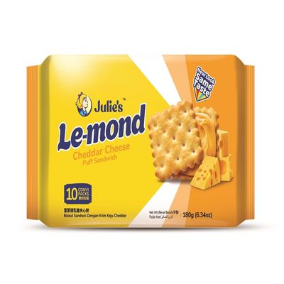 Julie's Le-mond Puff Sandwich Cheddar Cheese Biscuits | Crispy Crackers with Cheddar Cheese Cream Filling 10 Packs 180gm (Imported)