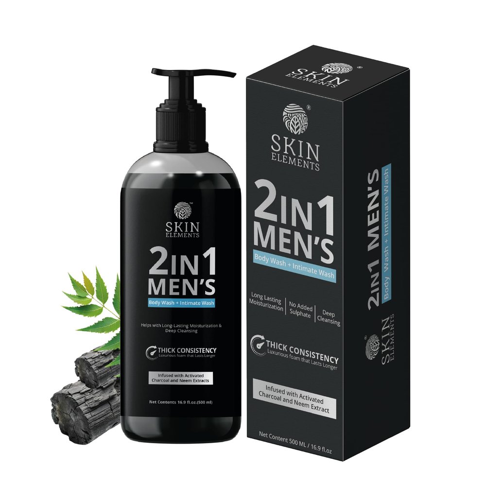 Skin Elements 2-in-1 Body & Intimate Wash for Men | Daily Refreshing Cleanser with Natural Goodness of charcoal & Neem extracts | Thicker Consistency | Long Lasting Freshness | pH Balanced Gentle Body Wash | 500 ml