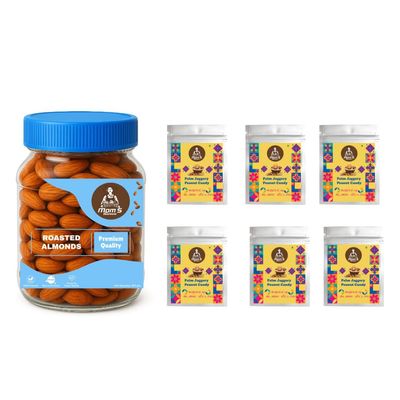 MOMS HARVEST Roasted Almonds 100g Jar + Palm Jaggery Peanut Candy Pack of 6 | Nutritious Snack Combo