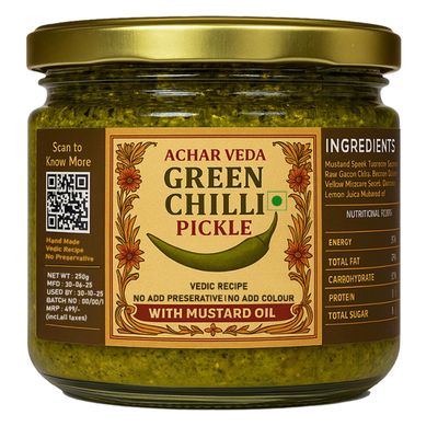 ACHARVEDA Homemade Hari Mirchi Ka Achar 250gm with Home Based Recipe without Preservative | Traditional Homemade Green Chilli Pickle Rajasthani