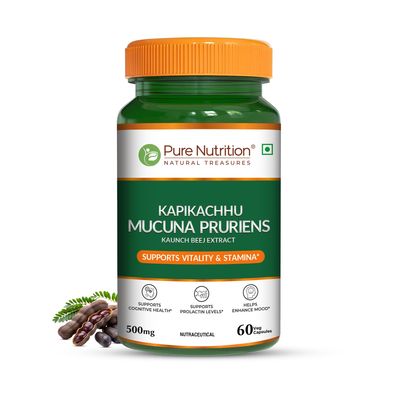 Pure Nutrition Kapikacchu Mucuna Pruriens (Kaunch Beej Extract), 500mg, 60 Veg Capsules Supports Vitality, Cognitive Health & Mood Balance