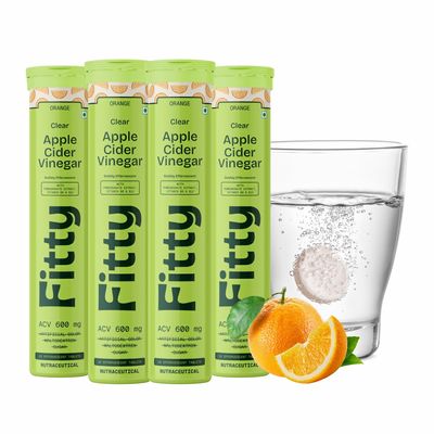 Fitty Apple Cider Vinegar Fizz 600mg | Orange Flavour | With Vitamin B6 & Stevia | Zero Sugar | Pack of 4
