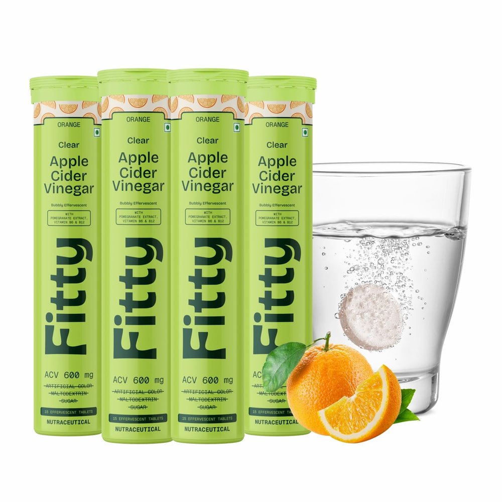 Fitty Apple Cider Vinegar Fizz 600mg | Orange Flavour | With Vitamin B6 & Stevia | Zero Sugar | Pack of 4