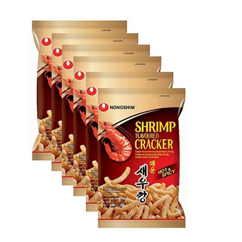 Hot & Spicy Shrimp Flavoured Cracker 75g Pack of 6 (Imported) | Crispy Korean Snack with Authentic Shrimp Taste & Spicy Flavor Pack of 6