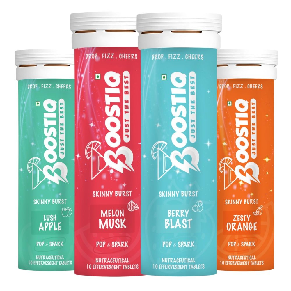 Boostiq Pop & Spark Effervescent Tablets | Multi-Flavor | Glitter Mocktail & Cocktail Mixer | Fizzy Sparkling Drink Tablets | Skinny Burst | Party & Wellness Supplement | 10 Tablets (Pack Of 4)