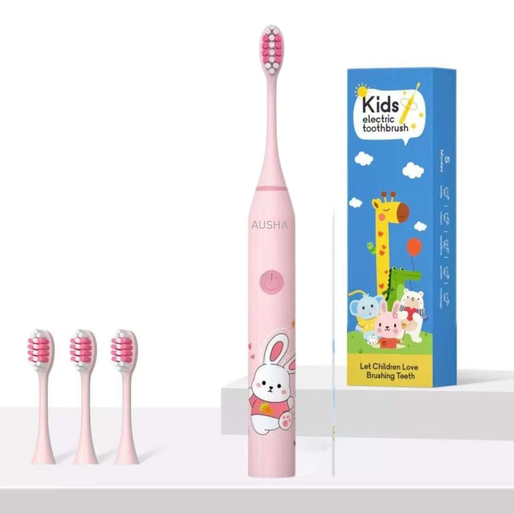 Ausha Pink Rabbit Kids Electric Toothbrush with 3 Extra Heads with Soft DuPont Bristles, Rechargeable, Cartoon Design, Smart Timer, 5 Modes,Waterproof Tooth Brush for Children (Ages 312)