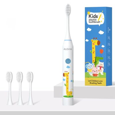 Ausha Giraffe Kids Electric Toothbrush with 3 Extra Heads with Soft DuPont Bristles, Rechargeable, Cartoon Design, Smart Timer, 5 Modes,Waterproof Tooth Brush for Children (Ages 312)