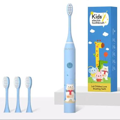 Ausha Blue Bear Kids Electric Toothbrush with 3 Extra Heads with Soft DuPont Bristles, Rechargeable, Cartoon Design, Smart Timer, 5 Modes,Waterproof Tooth Brush for Children (Ages 312)
