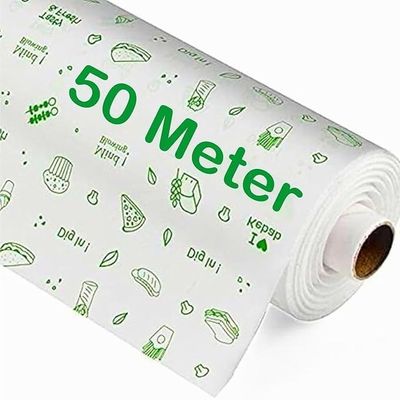 50 Meter Non-Sticky Butter Paper Roll,Food Grade Paper Wrap Roll, Chemical-Free, Natural Food Wrapping Paper, White with Green Print