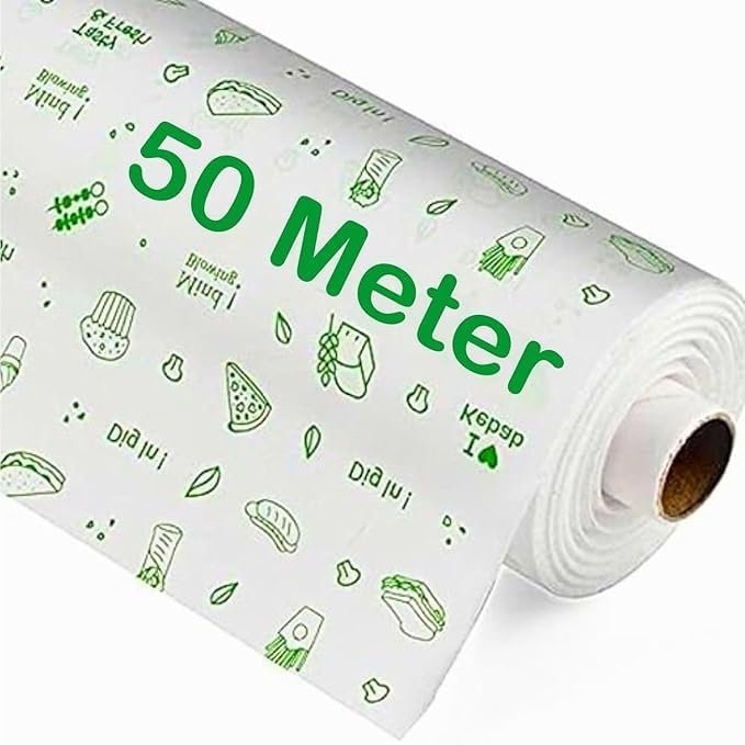 50 Meter Non-Sticky Butter Paper Roll,Food Grade Paper Wrap Roll, Chemical-Free, Natural Food Wrapping Paper, White with Green Print