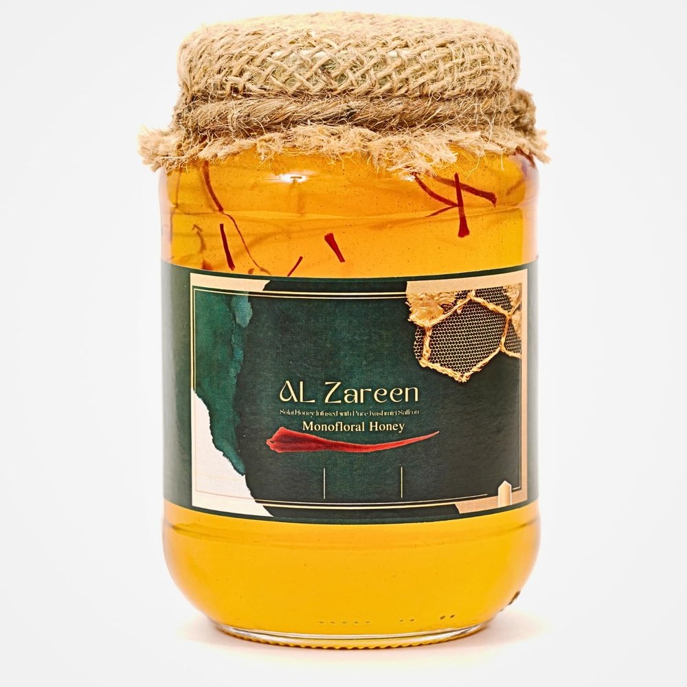 AL Zareen Kashmiri Saffron Infused Solai Honey I Honey Origin Kashmiri I Saffron Origin Kashmiri I from Himalayan Forests 100% | No Added Sugar or Preservatives | Ayurvedic Grade | Immunity Booster I 500 gm Glass Jar
