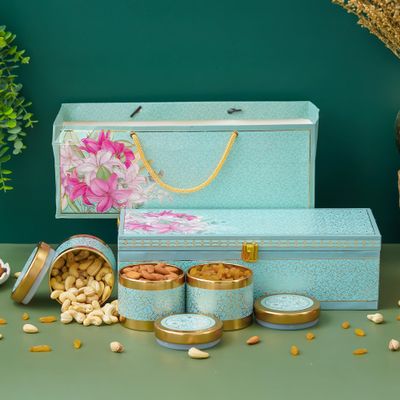 Agrisafe Diwali Gift Hamper | Diwali Dry fruit Box | Elegant Floral Motif Design With Matching Tin Jars | Festive Gifting | Corporate Gifts for Employees & Clients | Almonds, Cashews & Raisins (450gm Total)