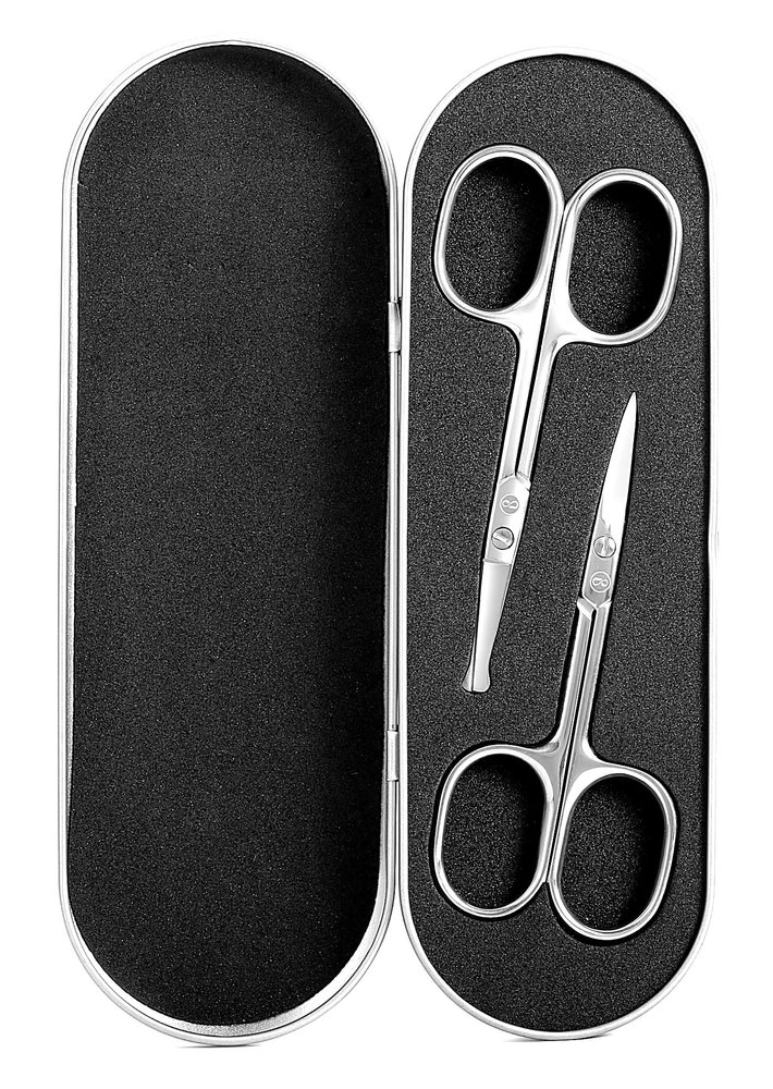 Beaut Secrets 2pcs Nose Scissors Beard Mustache Eyebrow Trimmer Stainless Steel Set with Storage Box (Silver)
