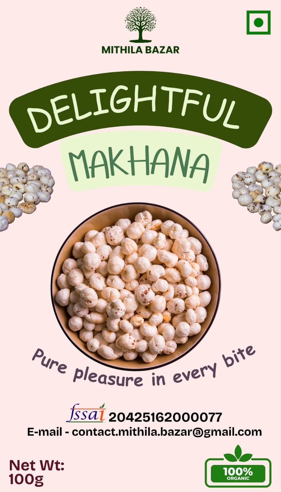 Delightful Makhana, 100% Organic Fox Nuts, Snack, 100g