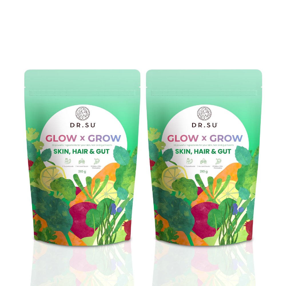 Dr. Su 6-In-1 Supplement Powder | Clear Skin, Strong Hair & Healthy Gut | With Vitamins, Minerals, Antioxidants, Probiotics, Fiber & Adaptogens | Lemon Mint | Sugar-Free | 30 Sachets x Pack of 2 | Unisex